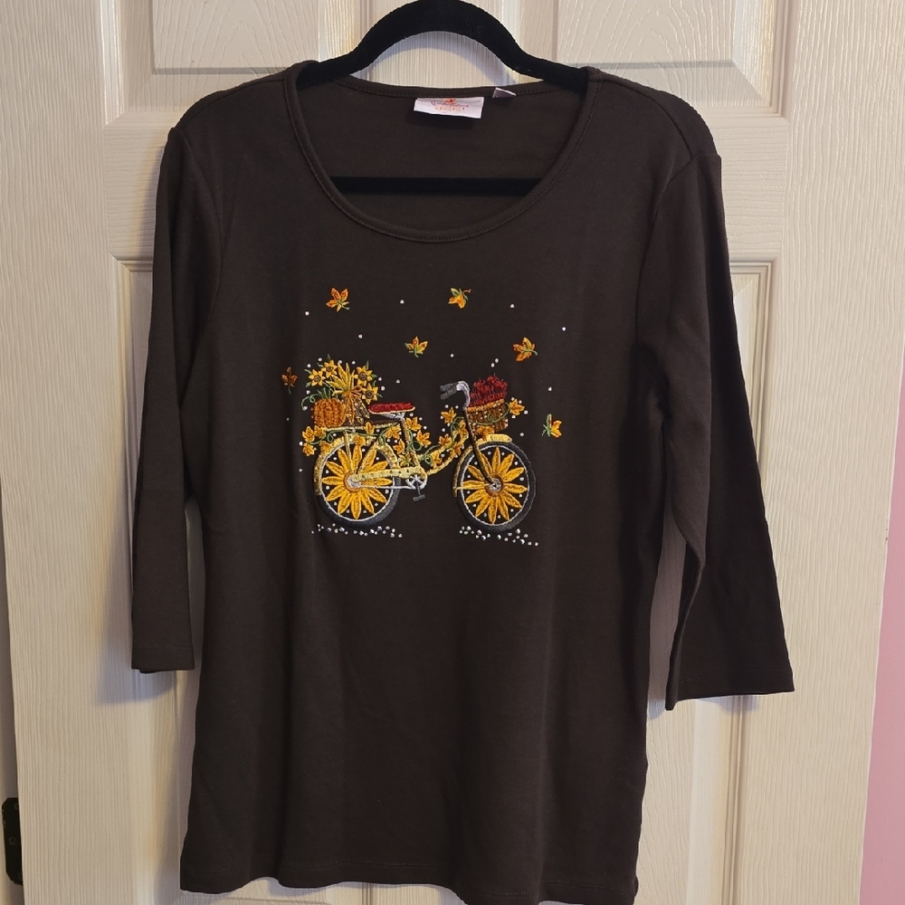 Quacker Factory Brown Long Sleeve Top with Bicycle and‎ Floral Design